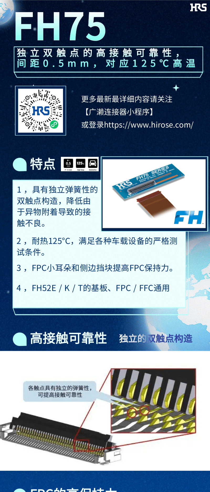 【產品推薦】車載用雙觸點、耐高溫125℃ FPC/FFC連接器-FH75